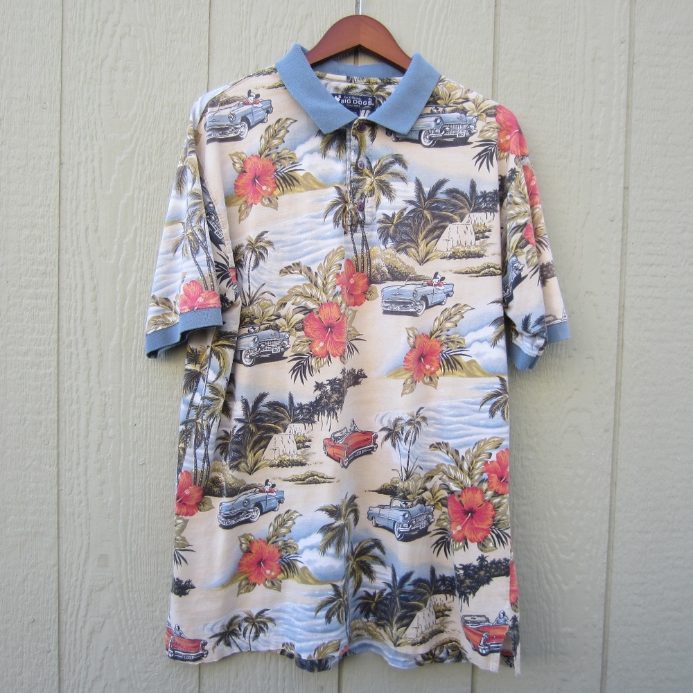 VTG Big Dogs Polo Shirt Mens XL Floral Tropical Car Cotton Fun Vacation **FLAW**